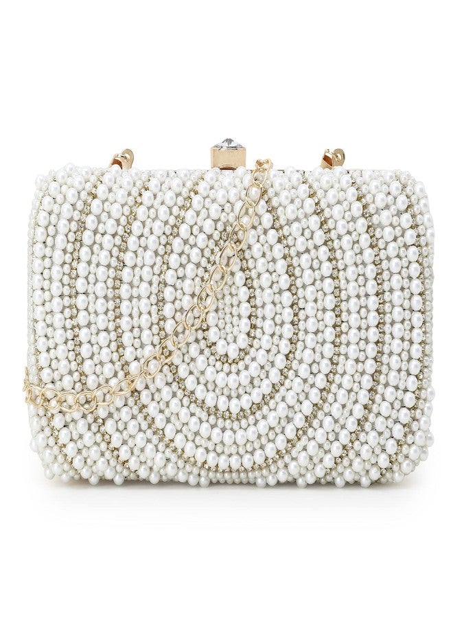 Anekaant Adorn White & Gold Pearl Embellished Faux Silk Clutch for Women | Bridal Bag | Party, Wedding & Festive Accessory - Image 1